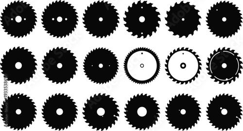 Collection of Circular Saw Blade Silhouettes Set, Industrial Cutting Disc Vector Illustration with Different Teeth Styles Isolated on White Background for Carpentry and Construction Design