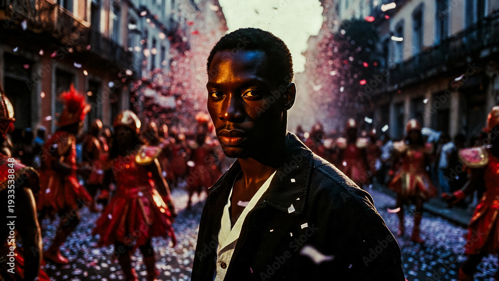 Obraz premium A man stands amidst a vibrant carnival street parade, confetti swirling. He gazes intently, a serious expression on his face.