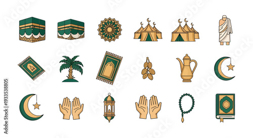 Hajj and Umrah Islamic Icon Set for Ramadan and Eid Mubarak Celebrations