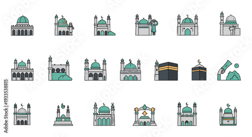 Hajj and Umrah Islamic Pilgrimage Icon Set, Mecca and Medina Landmarks, Religious Ritual Symbols in Flat Line Art Style