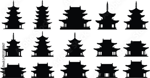 Collection of traditional Asian pagoda temple silhouettes in black vector style isolated architectural icons set for travel culture heritage design and branding use