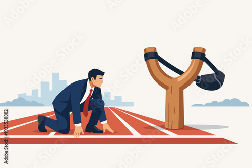 Business Concept of Competition and Advantage with a Businessman Ready to Run from the Start Line Using a Giant Slingshot for a Fast Launch, Career Growth, and Strategic Success Illustration.