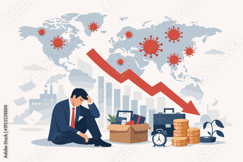 Global Economic Crisis and COVID-19 Pandemic Impact with Sad Fired Businessman Sitting by Belongings Box, Declining Stock Market Arrow Graph, Unemployment, Financial Recession, and Job Loss Concept.