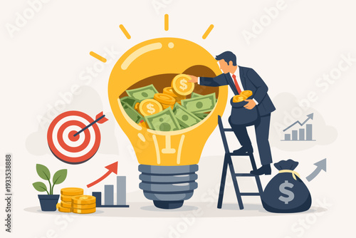 Businessman on a ladder putting gold coins into a glowing lightbulb filled with dollar bills and money, symbolizing creative business ideas, innovation, investment, profit, and financial growth.