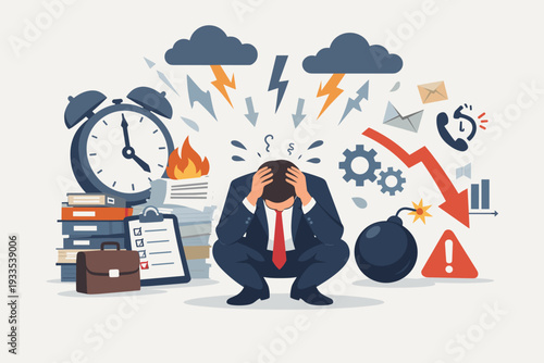 Overwhelmed Businessman Crouching Under Work Pressure and Stress, Flat Vector Illustration of Professional Burnout Syndrome with Deadlines, Alarm Clock, Falling Profits, and Mental Health Crisis.