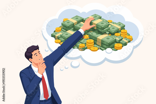 Businessman in a suit reaching into a thought bubble filled with stacks of cash and gold coins, concept of financial goals, dreaming of wealth, profit, and success, vector illustration design.