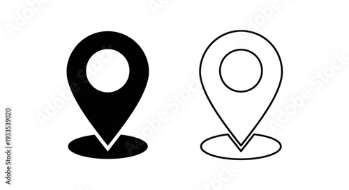 Set of 2 Location Pin Icons Vector: Solid Black and Outline Style Map Pointer Symbols for GPS Navigation, Address, and Destination Markers