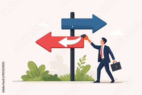 Businessman Painting New Direction Arrow on Signpost, Concept of Changing Strategy, Career Pivot, Making a Decision, Choosing Better Opportunity, Conflict Resolution, and Leadership Path Vector