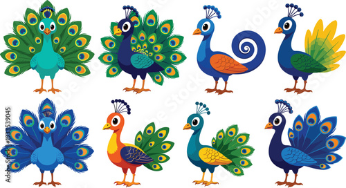 Colorful cartoon peacock collection set with decorative feathers isolated on white background cute tropical bird illustration for kids design, nursery art and nature graphics