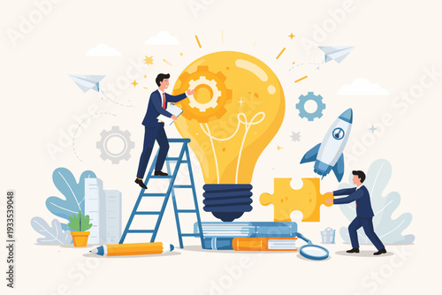 Business Team Working Together on Giant Lightbulb for Innovation and Creative Idea Generation, Startup Growth Strategy, Problem Solving Concept with Rocket, Gears, Puzzle and Business People