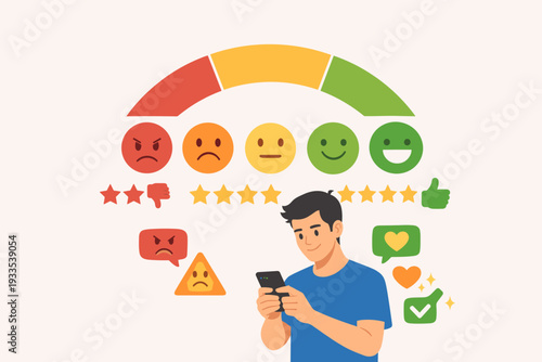 Customer Feedback Concept with Man Using Smartphone, Satisfaction Level Meter, Rating Stars, and Various Emojis from Angry to Happy for Service Evaluation and User Experience Illustration