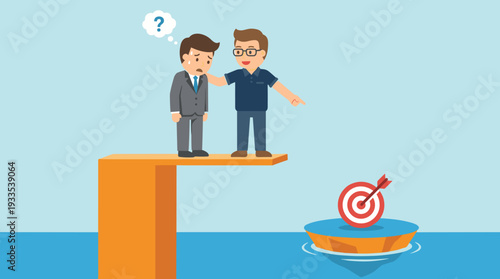 Mentoring and Coaching Concept with Anxious Businessman on Diving Board Guided by a Mentor Toward a Goal Target. Illustration of Leadership, Support, Career Growth, and Overcoming Fear.
