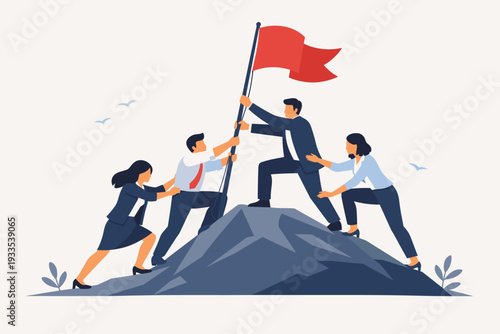 Teamwork and Business Cooperation Concept Illustration of Professional People Climbing a Mountain to Plant a Red Flag at the Peak, Symbolizing Success, Leadership, and Reaching Corporate Goals.