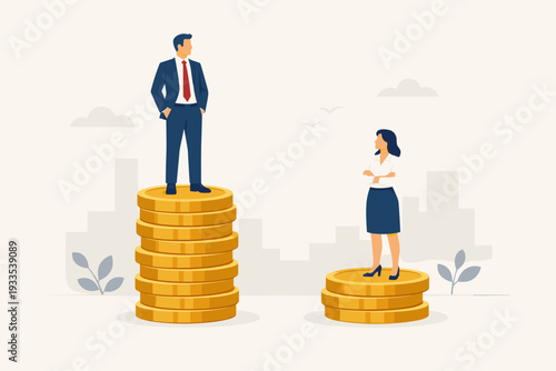 Gender Pay Gap Concept with Business Man and Woman Standing on Uneven Gold Coin Stacks Representing Income Inequality, Financial Disparity, and Workplace Discrimination in Flat Vector Style.