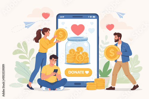 Online Charity Fundraising Concept with People Donating Money via Smartphone App. Diverse Characters Putting Gold Coins into Digital Jar for Philanthropy, Social Support, and Crowdfunding.