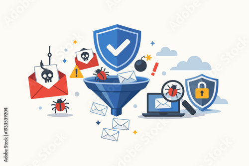 Email Spam Filter and Anti-Malware Technology Concept with Phishing Protection, Cyber Security, Data Privacy, and Internet Safety Elements in a Simple Flat Vector Illustration for Business Use.