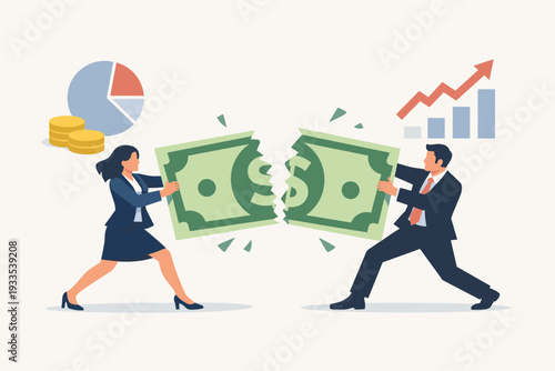 Business man and woman in suits tearing a large dollar banknote apart, representing profit sharing, financial dispute, market competition, corporate conflict, and dividing company assets.