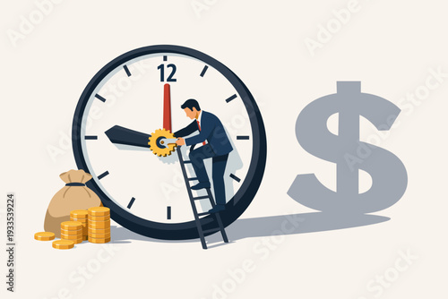 Businessman on a ladder adjusting a large clock to manage time, with gold coins and a money bag, casting a dollar sign shadow, illustrating the concept that time is money in a flat vector style.
