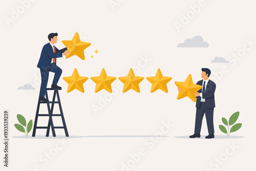 Businessmen giving five star rating for customer review and feedback concept. Professional men in suits placing golden stars to represent high quality service and success. Flat vector design.