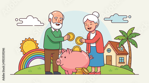 Happy Elderly Couple Saving Money for Retirement, Putting Gold Coins into a Pink Piggy Bank, Financial Planning for Senior Life, Pension Fund Concept, Vector Illustration with House and Rainbow.