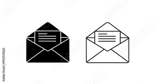 Set of 2 Open Mail Envelope Icons Vector: One Solid Black and One Outline Style, Showing a Letter Inside, for Email, Message, and Communication Concepts