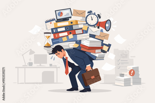 Overworked Businessman Carrying Heavy Pile of Office Supplies, Binders, and Documents on His Back, Illustrating Workload Stress, Burnout, Aggressive Deadlines, and Corporate Pressure Concept