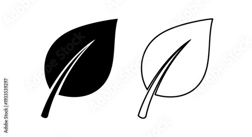 Set of 2 Minimalist Leaf Icons Vector: One Solid Black and One Outline Design, Ideal for Nature, Eco, Organic, and Environmental Concepts