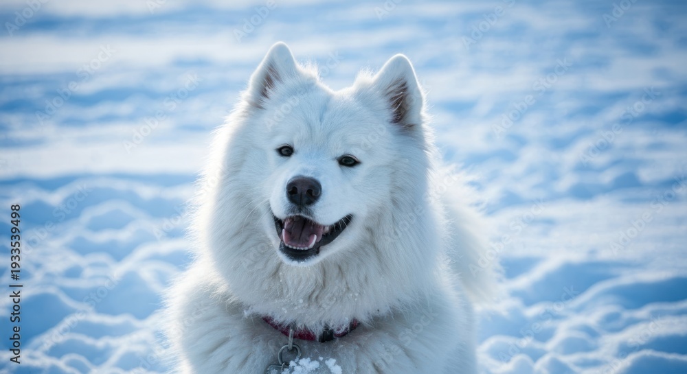 Fototapeta premium Fluffy white dog smiles broadly in snowy environment