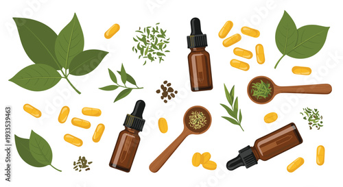 Dark brown dropper bottles, yellow capsules, green leaves, and wooden spoons filled with dried herbs are arranged on a light beige background.