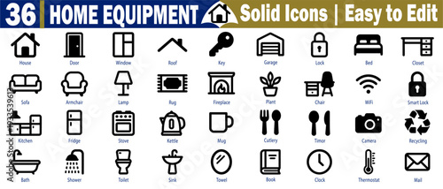 Home equipment solid icons, including house, door, window, roof, key, garage, lock, bed, closet, sofa, armchair, lamp, rug, fireplace, and more vector illustration.