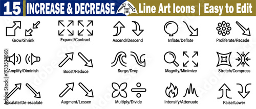 Increase and decrease line art icons, featuring grow/shrink, expand/contract, ascend/descend, inflate/deflate, proliferate/recede, and more vector illustration.