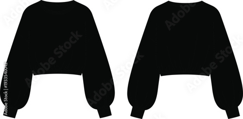 Black cropped sweatshirt mockup vector illustration front and back view of long sleeve crewneck fleece short shirt apparel template with copy space for design.
