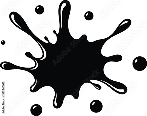 Black ink splash vector illustration with liquid droplets and paint splatter effect representing abstract messy creative art blot or water spill on white.