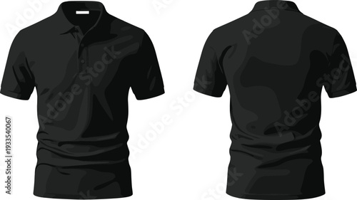Black polo shirt mockup vector illustration front and back view of short sleeve buttoned collar t-shirt apparel template with copy space for design.