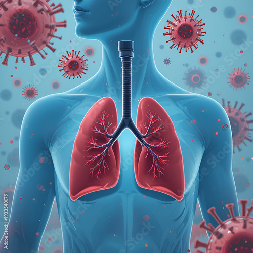 concept of virus transmission via respiratory droplets into human lung, vector flat illustration