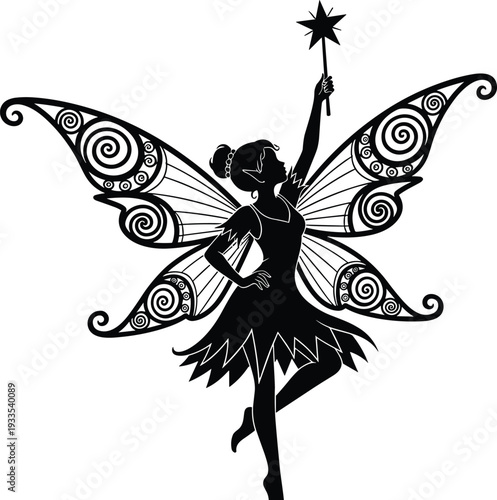 Black Silhouette of a Beautiful Magical Fairy with Ornate Swirly Wings Holding a Magic Wand Isolated on White Background for Fantasy and Mythical Design