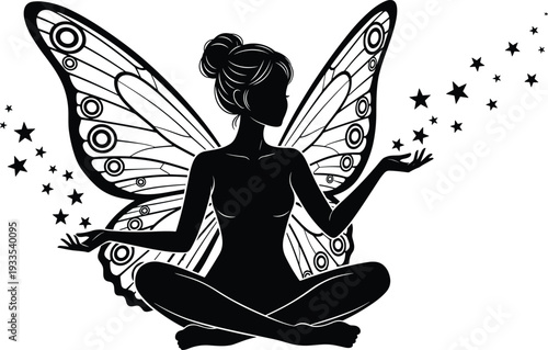 Black Silhouette of a Beautiful Sitting Magical Fairy with Large Ornate Butterfly Wings and Sparkly Stars Isolated on White Background for Fantasy and Mythical Design