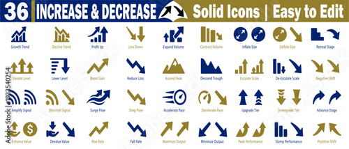 Solid icons representing increase and decrease for business finance growth trends and data analysis with clear labels and simple shapes vector illustration.