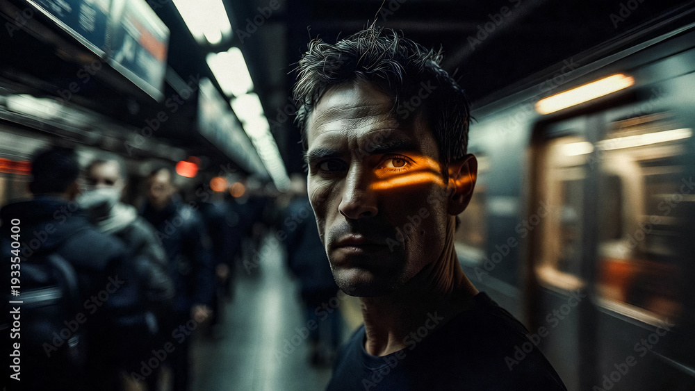 Fototapeta premium A man stares intensely, illuminated by train lights, amidst a bustling subway crowd. He appears focused and slightly wary.