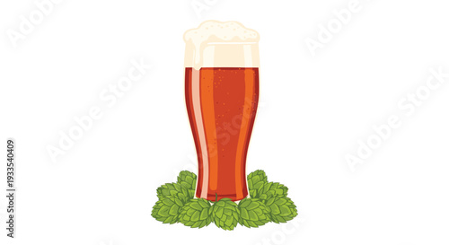 A tall, slender glass filled with amber beer and a frothy head is encircled by fresh green hop cones on a white background.