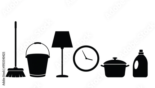 Home Cleaning and Household Chores Icon Set Black Silhouette