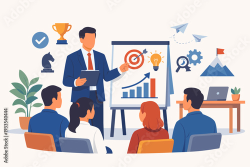 Business coaching and mentorship concept with a professional leader giving a presentation to employees to improve skills, motivate team, and achieve goals through strategic guidance and advice.