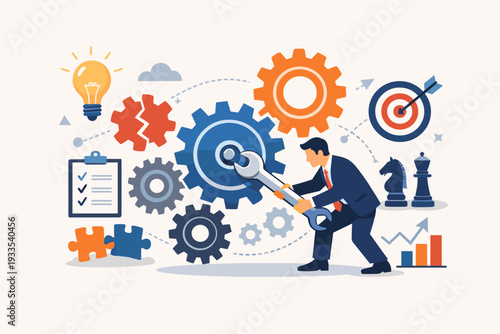 Businessman in suit using a large wrench to fix gears, representing business solution, problem solving, expertise and leadership to drive success, strategy, optimization and growth concept.