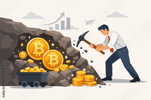 Businessman Mining for Bitcoins and Earning Cryptocurrency Concept Illustration with a Man Using a Pickaxe to Extract Digital Gold Coins from a Rock Mine for Financial Success and Investment.