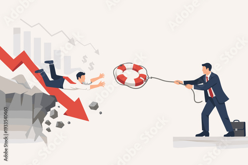 Business Support Concept with Businessman Throwing Lifebuoy to Rescue Colleague Falling into Economic Crisis Abyss with Red Downward Arrow and Declining Financial Stock Market Bar Charts.