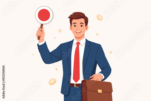 Businessman in a professional blue suit and red tie holding an auction paddle and a brown briefcase with floating money coins and bills around him, flat vector illustration for business and finance.