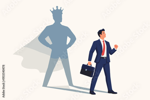 Confident Businessman Walking with Briefcase and Shadow of a King with Crown and Cape. Concept of Leadership, Success, Ambition, Inner Strength, and Professional Career Growth Flat Illustration.