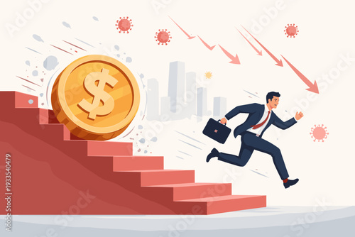 Businessman Running Away from Giant Dollar Coin Falling Down Stairs Representing Global Economic Crisis, Financial Recession, Market Crash, and Pandemic Impact on World Economy and Business