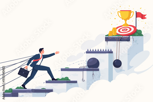 Businessman Overcoming Obstacles and Resistance to Reach Success Goal, Climbing Stairs with Challenges like Spikes and Swinging Weights while Being Held Back by Strings Attached, Career Growth Concept