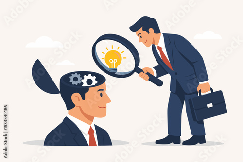 Businessman using magnifying glass to find bright light bulb idea inside another man's head, concept of recruitment, talent search, creative thinking, innovation, and professional insight.
